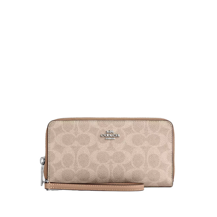 Coach Women's Long Zip Around Wallet With Detachable Card Case In Signature Canvas Silver/Sand/Taupe