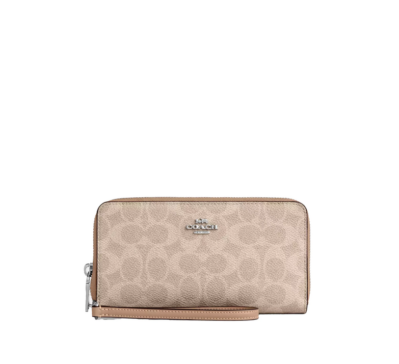 Coach Women's Long Zip Around Wallet With Detachable Card Case In Signature Canvas Silver/Sand/Taupe