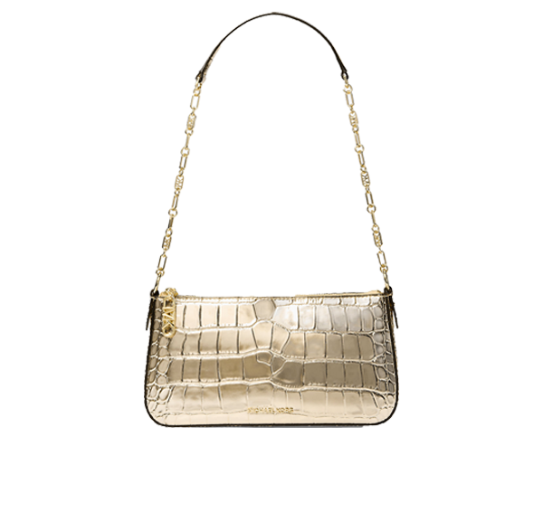 Michael Kors Women's Empire Medium Metallic Crocodile Embossed Leather Chain-Link Pochette Pale Gold