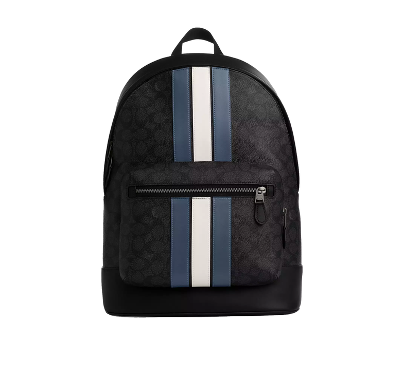 Coach Women's West Backpack In Signature Canvas With Varsity Stripe Gunmetal/Charcoal/Denim/Chalk