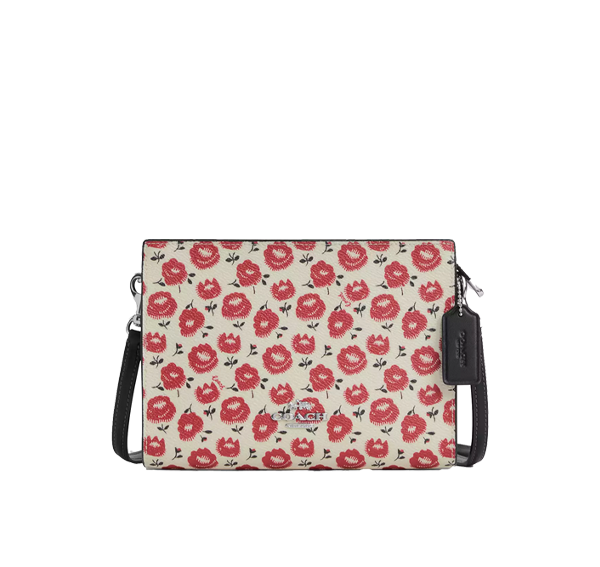 Coach Women's Slim Crossbody Bag With Floral Print Silver/Chalk/Black Multi