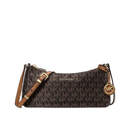 Michael Kors Women's Zadie Small Signature Logo Woven Crossbody Bag Brown/Acorn/Gold