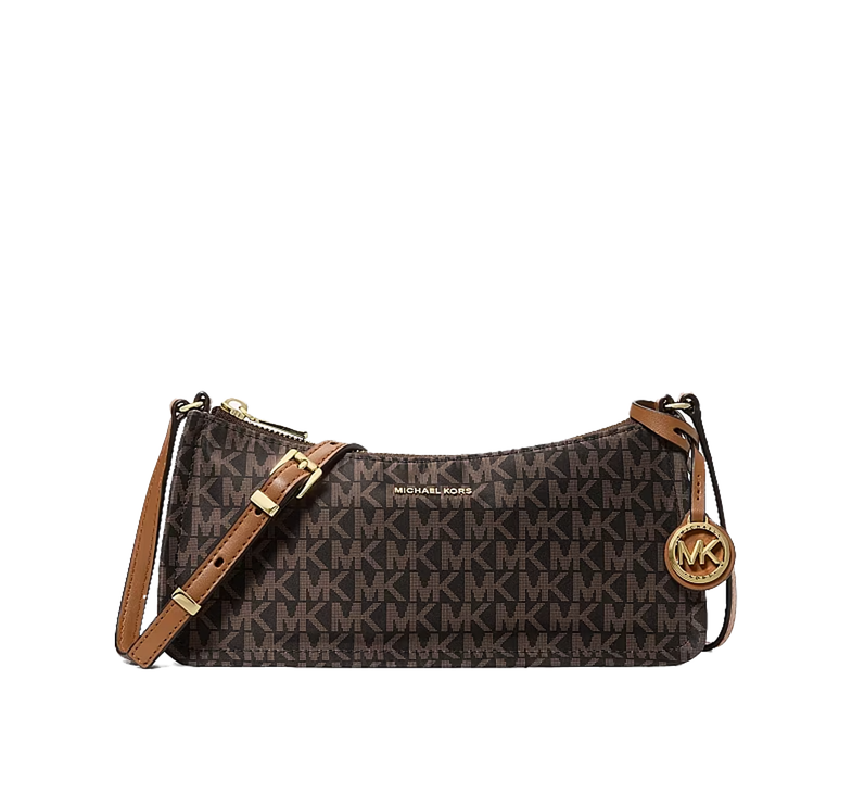 Michael Kors Women's Zadie Small Signature Logo Woven Crossbody Bag Brown/Acorn/Gold