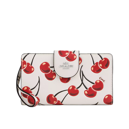 Coach Women's Phone Wallet With Cherry Print Silver/Chalk Multi