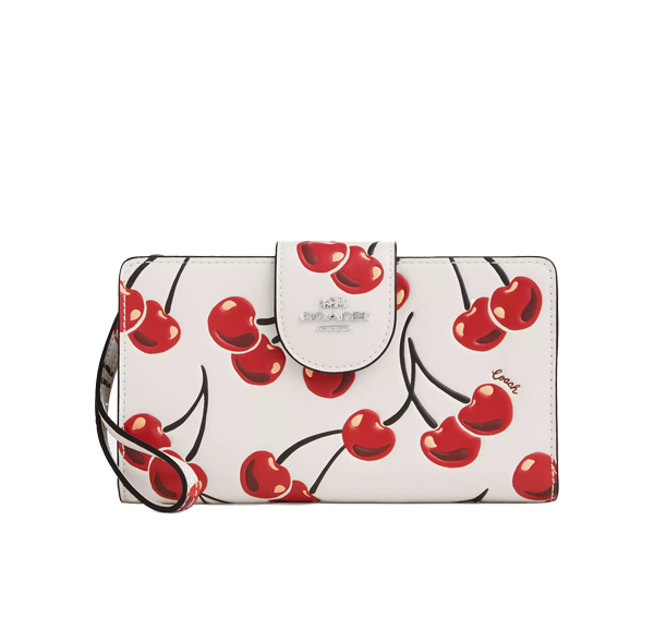 Coach Women's Phone Wallet With Cherry Print Silver/Chalk Multi