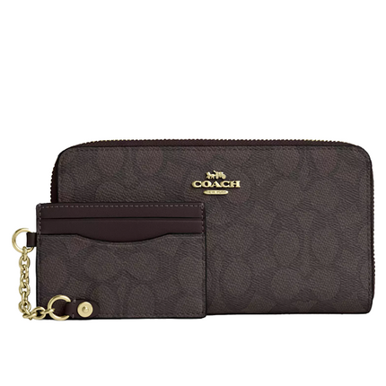Coach Women's Long Zip Around Wallet With Detachable Card Case In Signature Canvas Gold/Walnut/Black