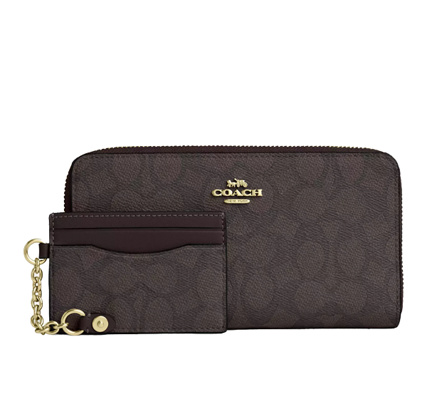 Coach Women's Long Zip Around Wallet With Detachable Card Case In Signature Canvas Gold/Walnut/Black