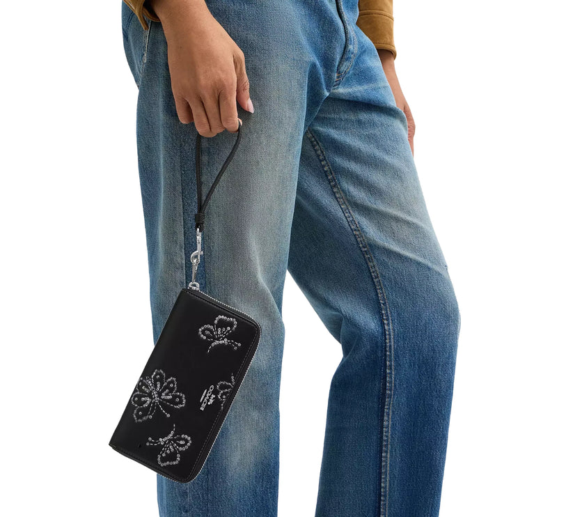 Coach Women's Long Zip Around Wallet With Butterfly Print Black/Silver