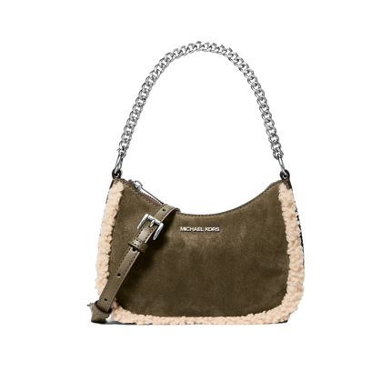 Michael Kors Women's Jet Set Small Suede and Faux Shearling Convertible Crossbody Bag Olive