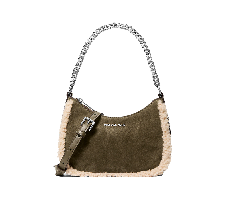 Michael Kors Women's Jet Set Small Suede and Faux Shearling Convertible Crossbody Bag Olive