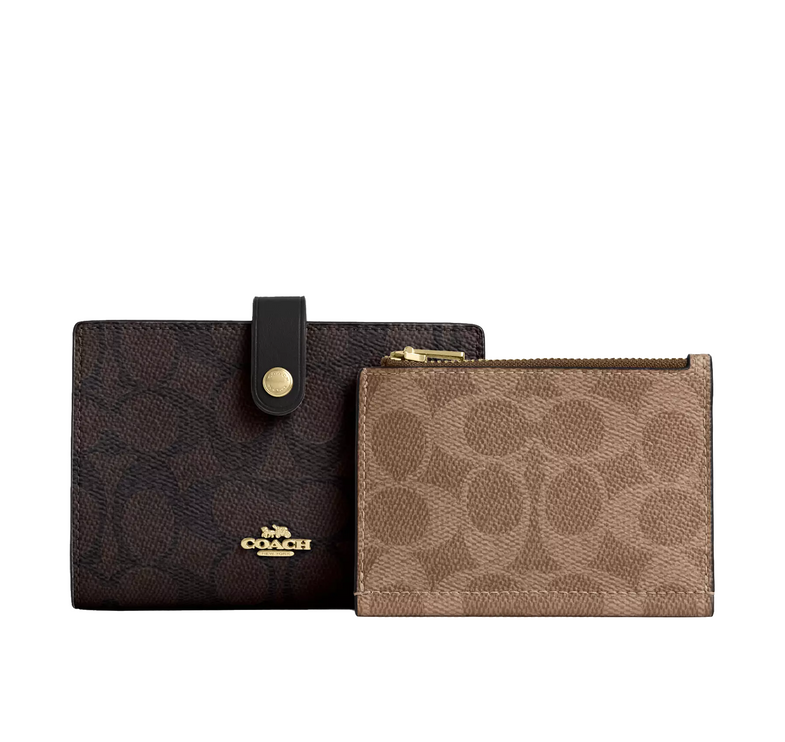 Coach Women's 2 In 1 Wallet In Blocked Signature Canvas Gold/Walnut/Tan