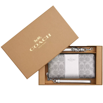 Coach Women's Boxed Long Zip Around Wallet In Signature Canvas Silver