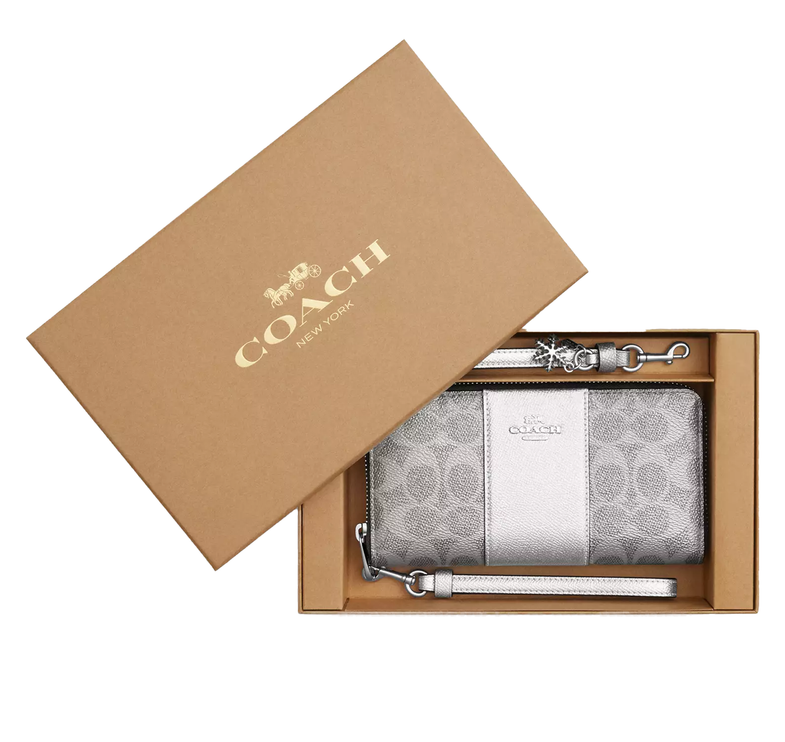 Coach Women's Boxed Long Zip Around Wallet In Signature Canvas Silver