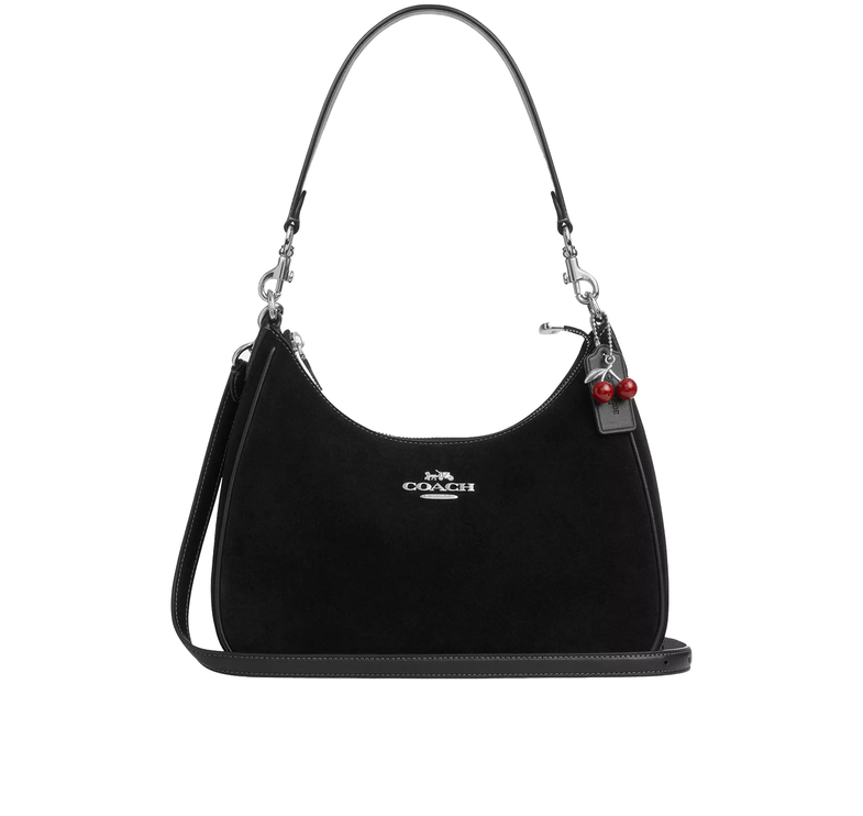 Coach Women's Teri Hobo Bag With Cherry Charm Suede Black/Silver