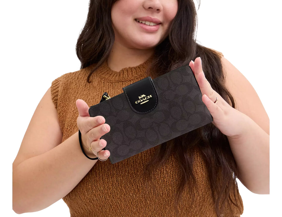 Coach Women's Phone Wallet In Signature Canvas Gold/Walnut/Black