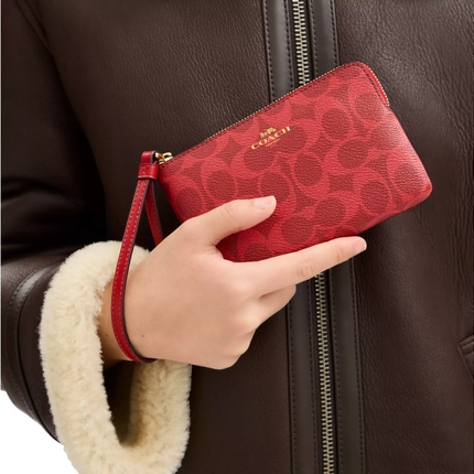 Coach Women's Corner Zip Wristlet In Signature Canvas Gold/Bold Red
