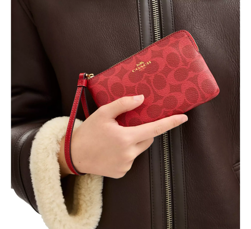 Coach Women's Corner Zip Wristlet In Signature Canvas Gold/Bold Red