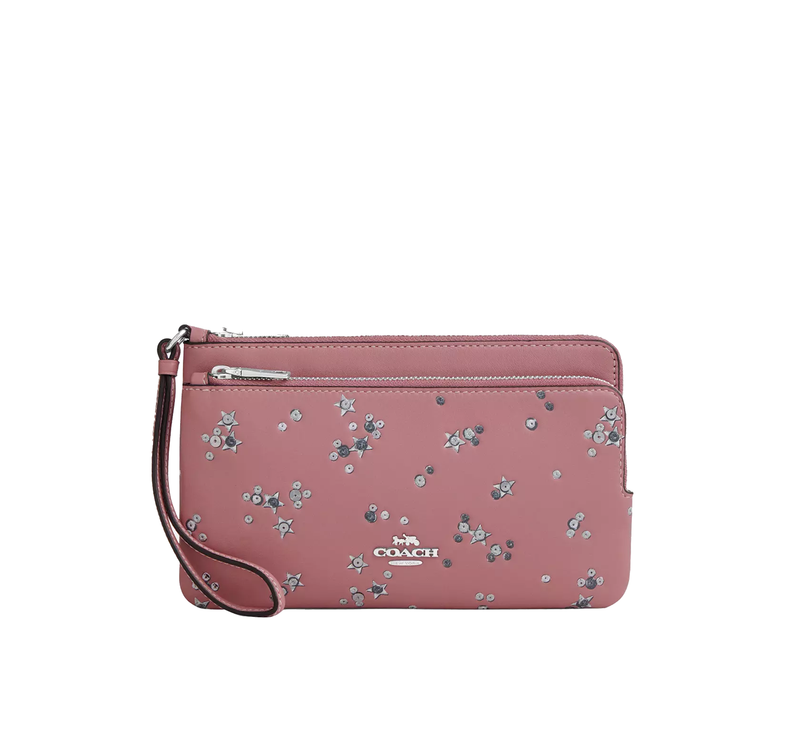 Coach Women's Double Zip Wallet With Star Print Pink/Silver