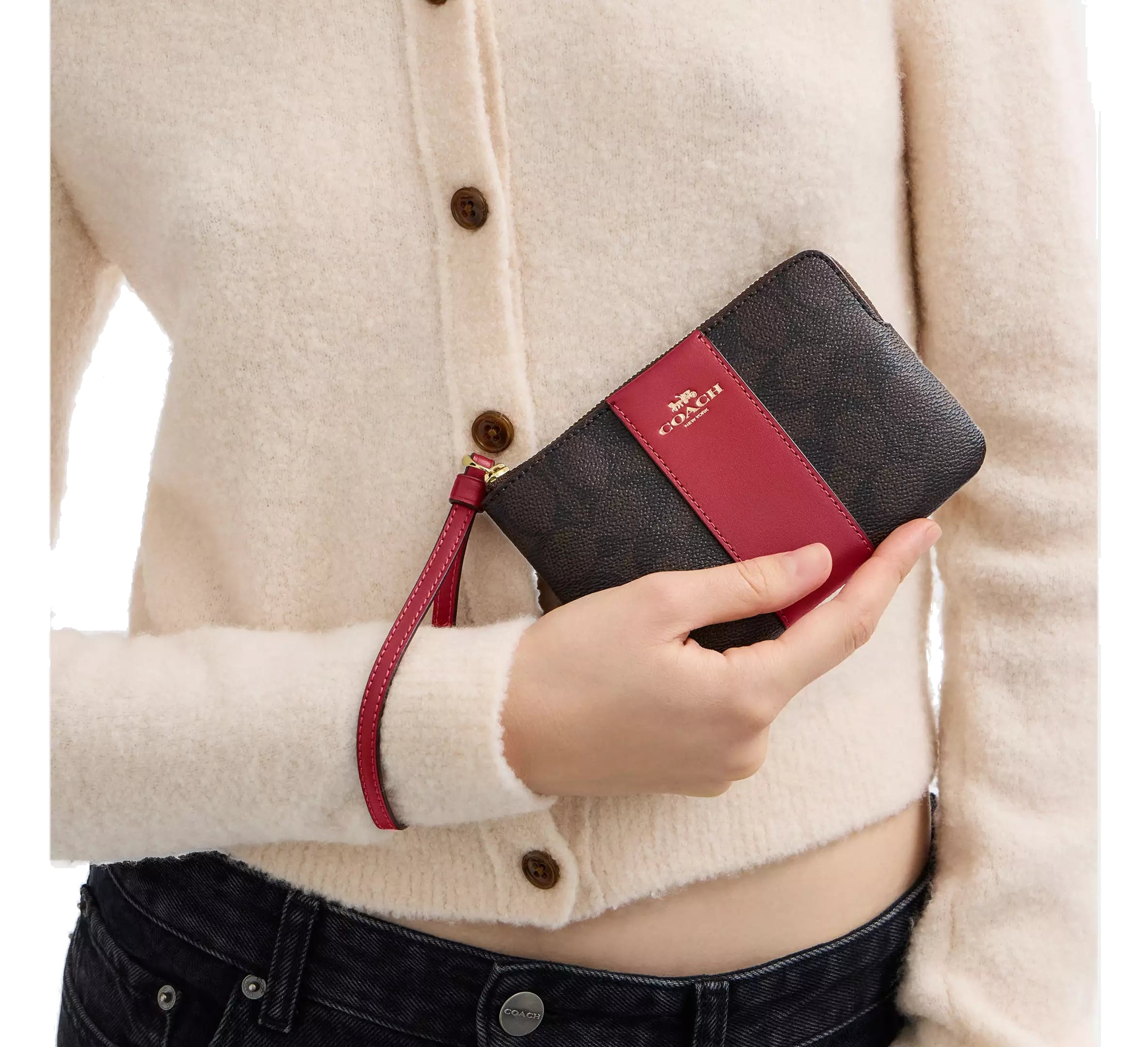 ココ Coach Women's Corner Zip Wristlet In Signature Canvas With Stripe
