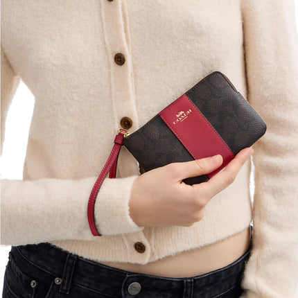 Coach Women's Corner Zip Wristlet In Signature Canvas With Stripe Gold/Walnut/True Red