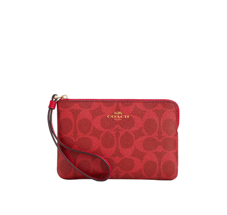 Coach Women's Corner Zip Wristlet In Signature Canvas Gold/Bold Red