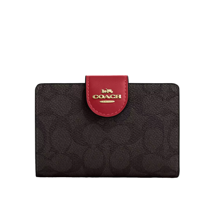 Coach Women's Medium Corner Zip Wallet In Signature Canvas Gold/Walnut/True Red