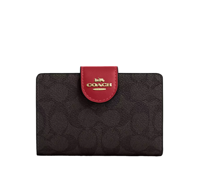 Coach Women's Medium Corner Zip Wallet In Signature Canvas Gold/Walnut/True Red