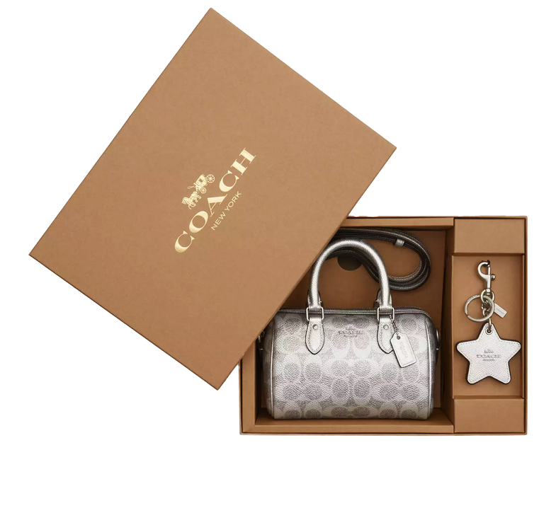 Coach Women's Boxed Mini Rowan Crossbody Bag And Mirror Bag Charm Set In Signature Canvas Silver