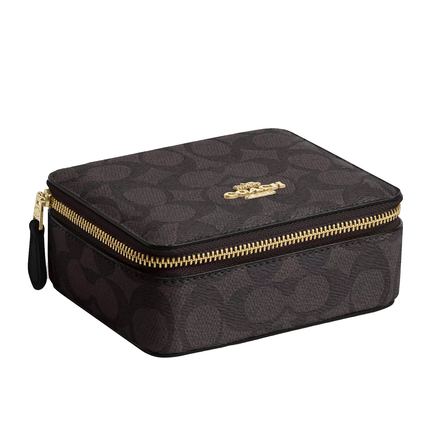 Coach Women's Large Jewelry Box In Signature Canvas Gold/Walnut/Black