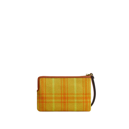 Coach Women's Corner Zip Wristlet In Regenerative Cotton With Plaid Print Gold/Burnished Amber