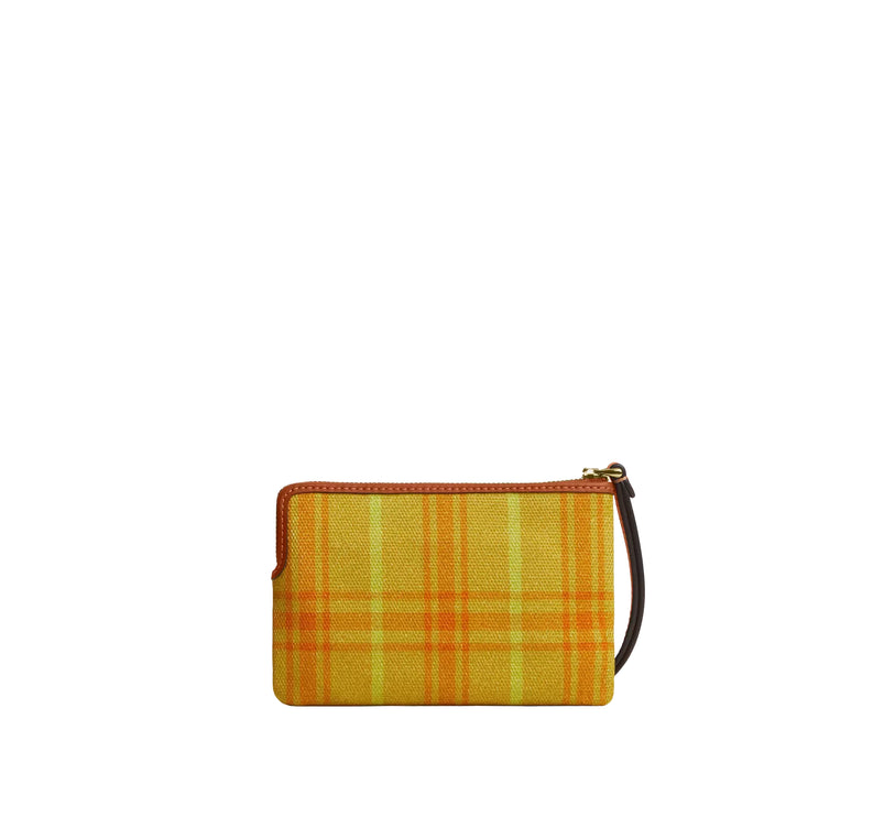 Coach Women's Corner Zip Wristlet In Regenerative Cotton With Plaid Print Gold/Burnished Amber