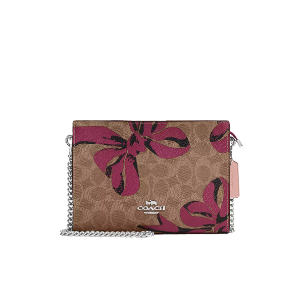 Coach Women's Slim Crossbody Bag In Signature Canvas With Bow Print Silver/Tan/Pink Multi