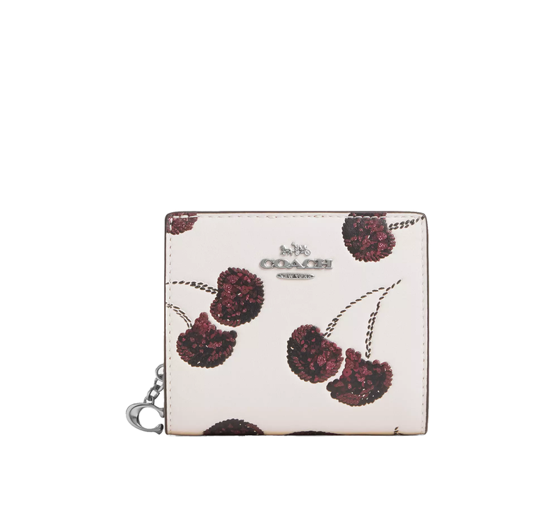 Coach Women's Snap Wallet With Cherry Print Silver/Chalk Multi