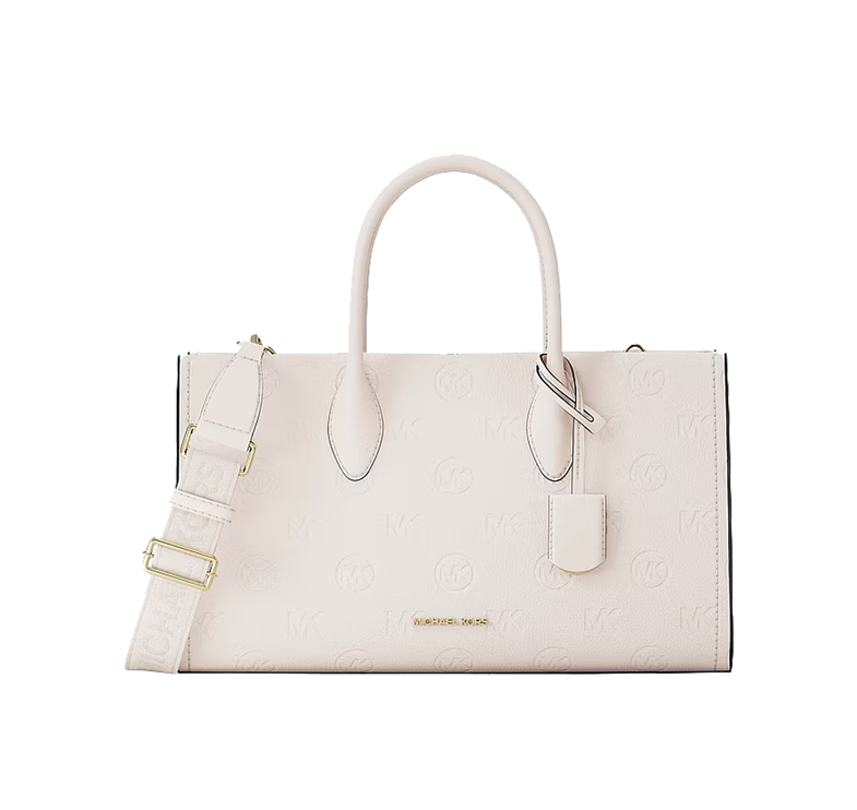 Michael Kors Women's Mirella Medium Logo Debossed Satchel Bag Light Cream/Gold
