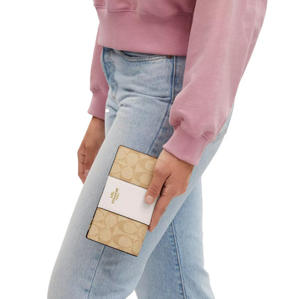 Coach Women's Slim Zip Wallet In Signature Canvas With Stripe Gold/Light Khaki/Chalk Lt Saddle