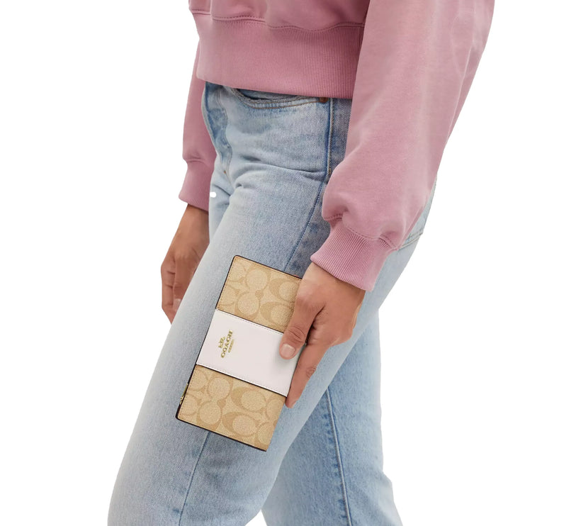 Coach Women's Slim Zip Wallet In Signature Canvas With Stripe Gold/Light Khaki/Chalk Lt Saddle