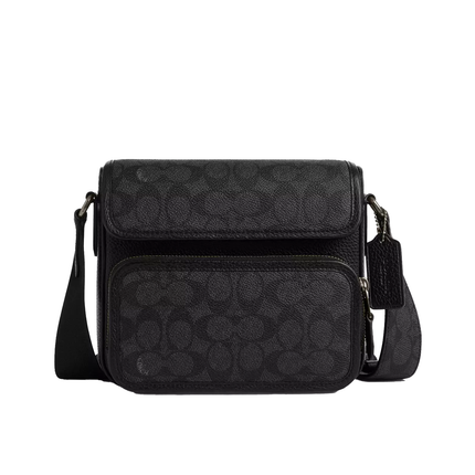 Coach Men's Sullivan Flap Crossbody Bag In Signature Canvas Gunmetal/Charcoal/Black