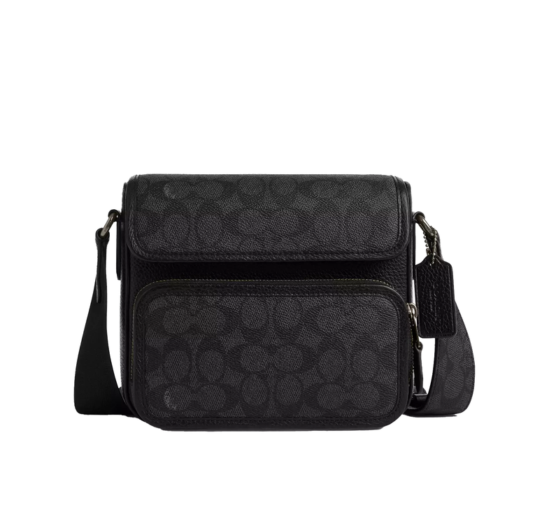 Coach Men's Sullivan Flap Crossbody Bag In Signature Canvas Gunmetal/Charcoal/Black