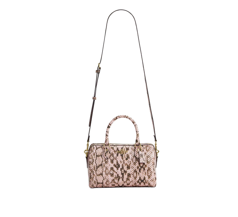 Coach Women's Rowan Satchel Bag Snake Embossed Leather Gold/Pink