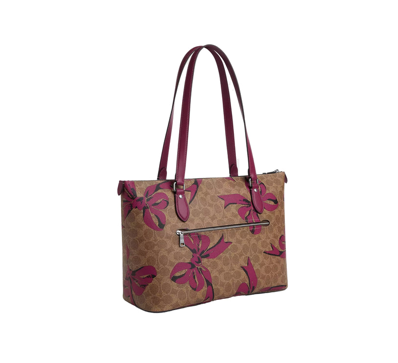 Coach Women's Gallery Tote Bag In Signature Canvas With Bow Print Silver/Tan/Pink Multi