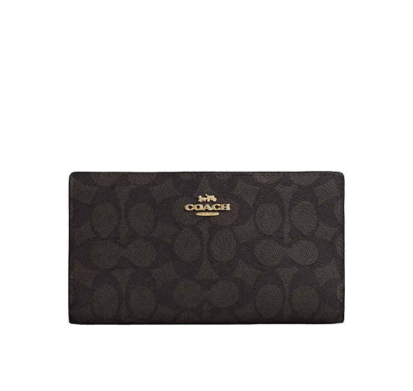 Coach Women's Slim Zip Wallet In Signature Canvas Gold/Walnut/Black