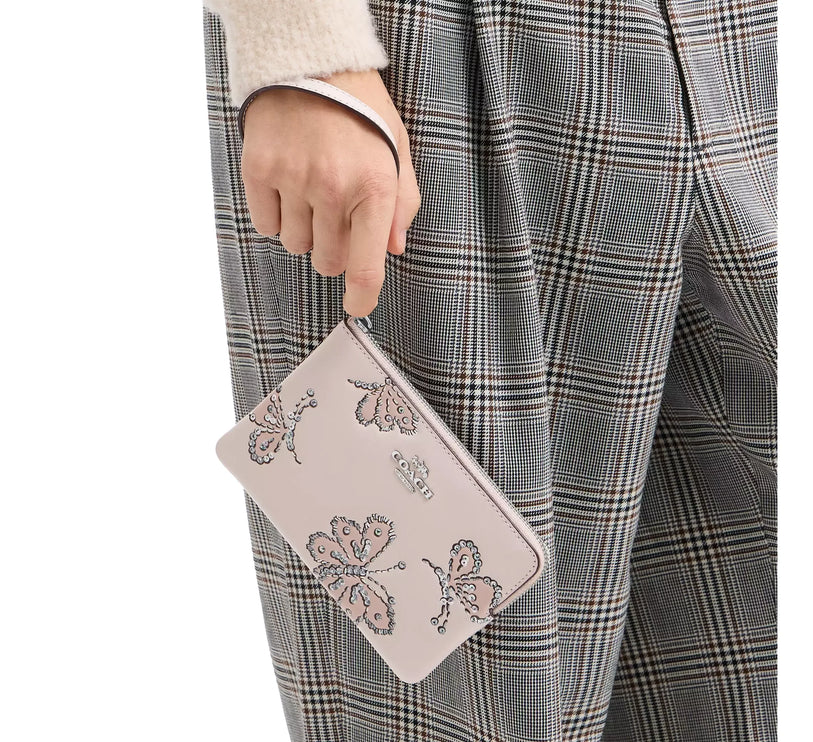 Coach Women's Corner Zip Wristlet With Sparkly Butterfly Print Silver