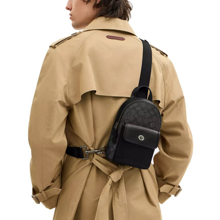 Coach Men's Small Turnlock Sling Pack In Signature Canvas Gunmetal/Charcoal/Black