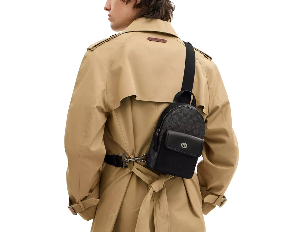 Coach Men's Small Turnlock Sling Pack In Signature Canvas Gunmetal/Charcoal/Black