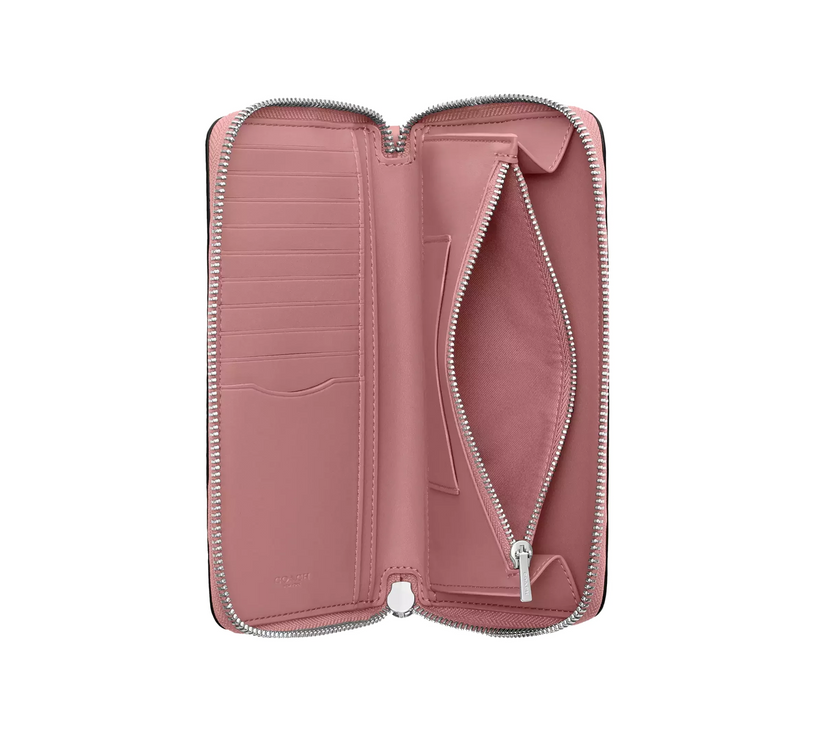Coach Women's Long Zip Around Wallet With Detachable Card Case In Signature Canvas Silver/Tan/Dusty Pink