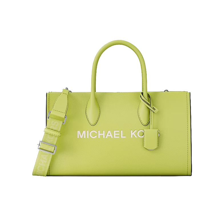 Michael Kors Women's Mirella Medium Pebbled Leather Satchel Bag Lime/Silver