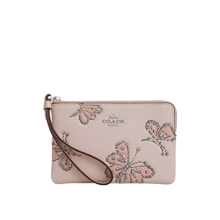 Coach Women's Corner Zip Wristlet With Sparkly Butterfly Print Silver