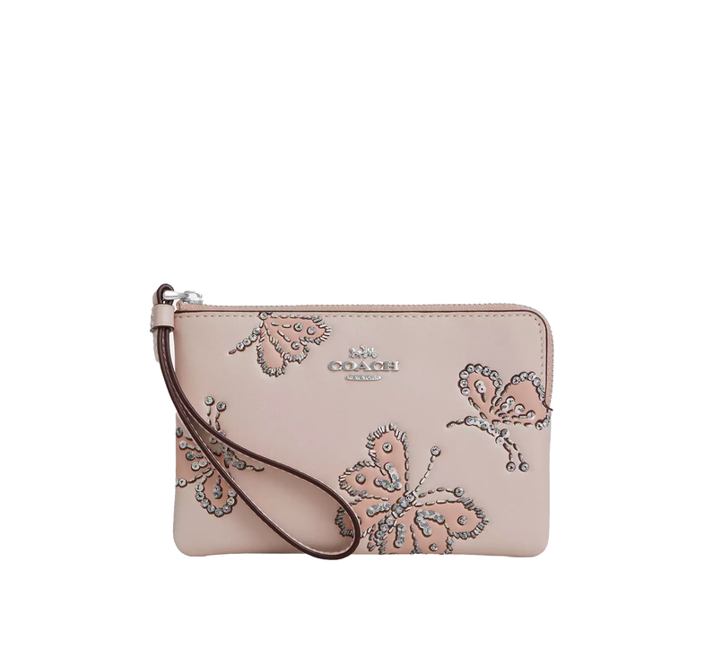 Coach Women's Corner Zip Wristlet With Sparkly Butterfly Print Silver