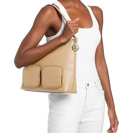 Michael Kors Women's Merritt Large Pebbled Leather Cargo Shoulder Bag Camel/Gold
