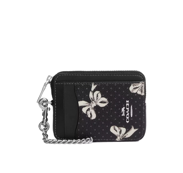 Coach Women's Zip Card Case With Bow Print Silver/Black Multi